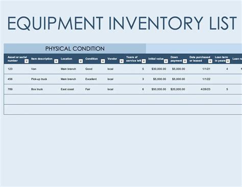 how to create an equipment inventory list in excel