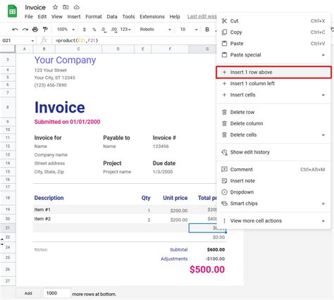 how to create an invoice in google sheets