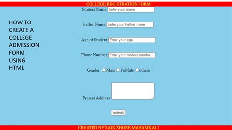 how to create college admission form in html