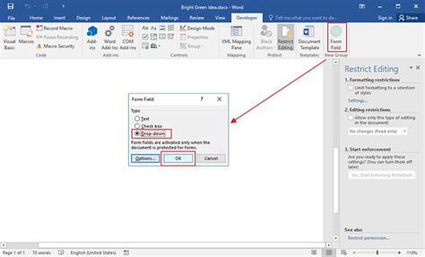 how to create drop down in word document