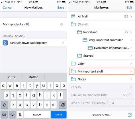 how to create email sub folders on iphone