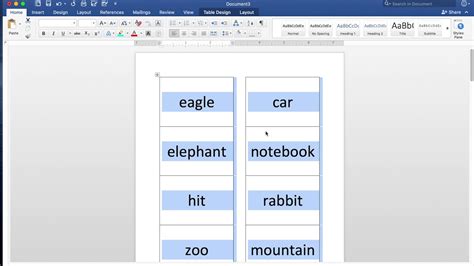 how to create flash card in word