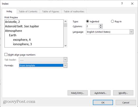 how to create index in ms word