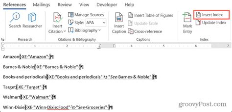 how to create link index in ms word