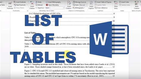 how to create list of table in word
