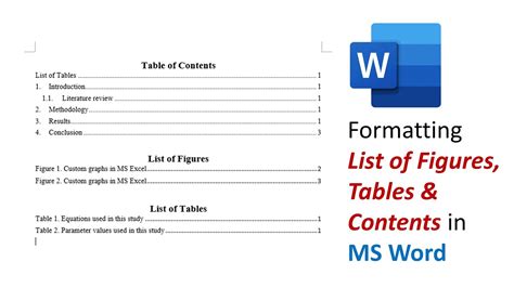 how to create list of tables in word