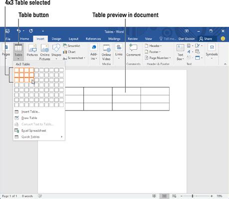 how to create list of tables in word 2016