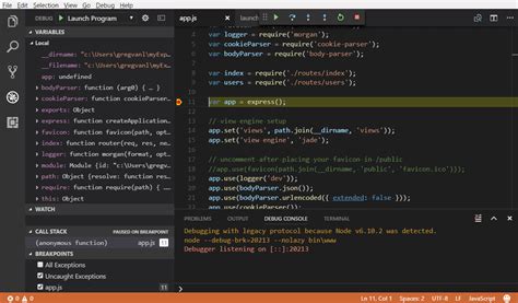 how to create node js application in vs code
