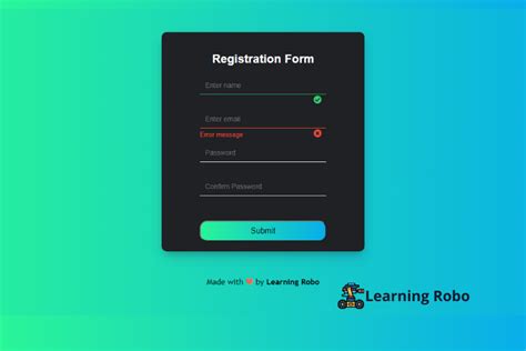 how to create registration form in html with validation
