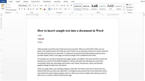 how to create sample text in word