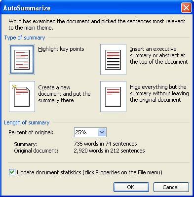 how to create summary in word document