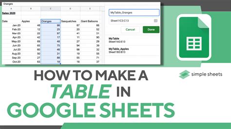 how to create tables in sheets
