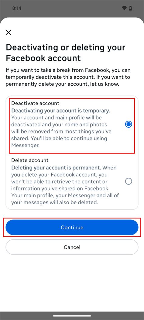 how to deactivate my facebook account on an android phone
