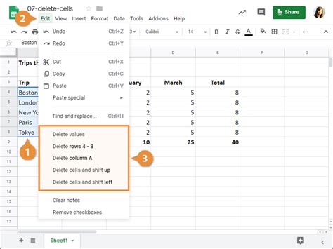 how to delete a cell in sheets on ipad