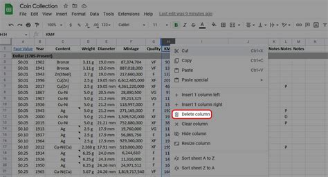 how to delete a column in sheets on ipad
