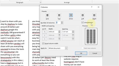 how to delete a line between columns in word