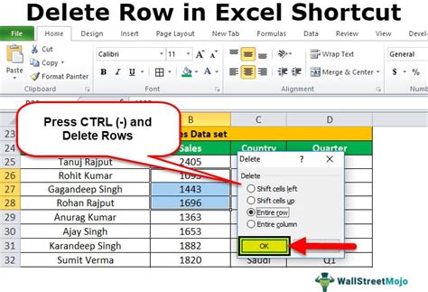 how to delete a whole row in excel shortcut