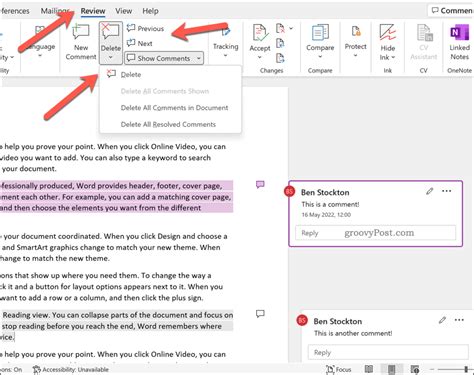 how to delete comment box in word