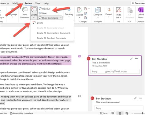 how to delete comment section in microsoft word