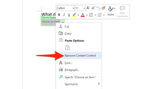 how to delete drop down menus in word