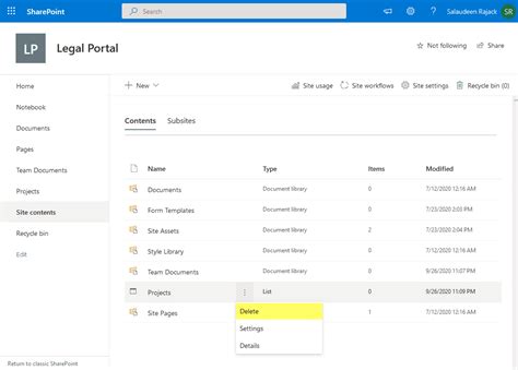 how to delete microsoft list in sharepoint