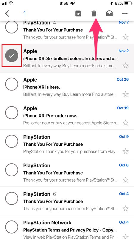 how to delete multiple emails in gmail app on iphone