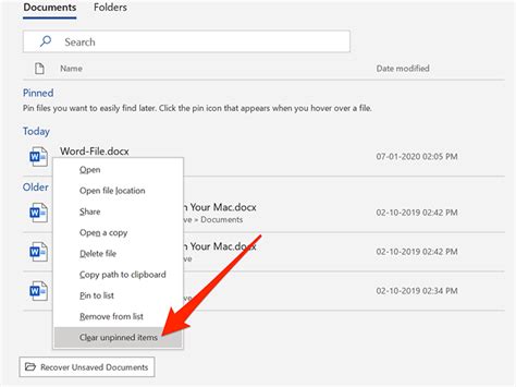 how to delete recent document history in word