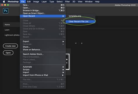 how to delete recent files from photoshop home page