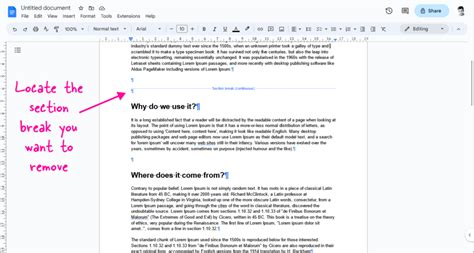 how to delete section break in google docs ipad