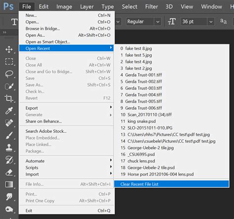 how to delete something from.photoshop recent