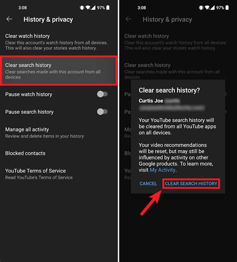 how to delete youtube history on android