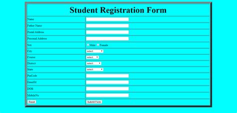 how to design student registration form in html