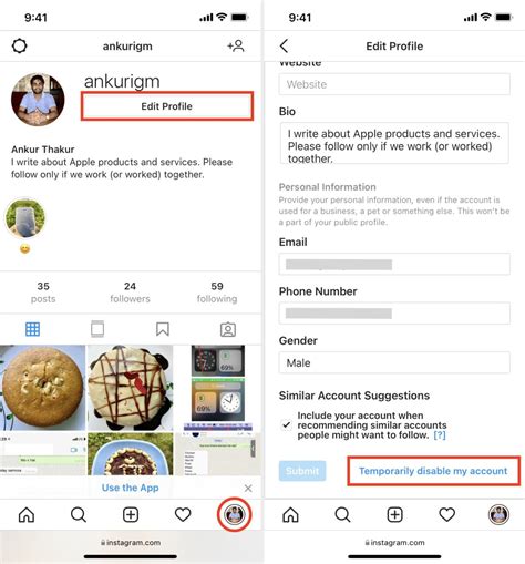 how to disable instagram account from browser