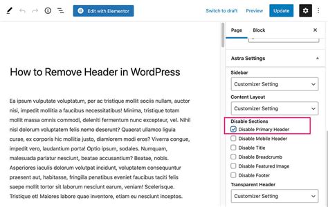 how to disable transparent header wordpress