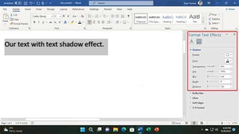 how to display shadow effects in word
