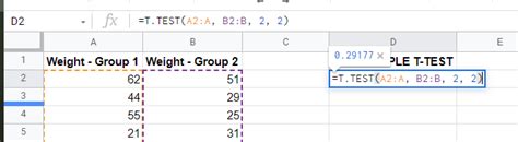 how to do at test in google sheets