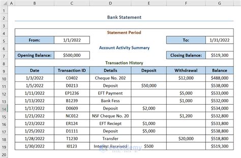 how to do bank statement in excel