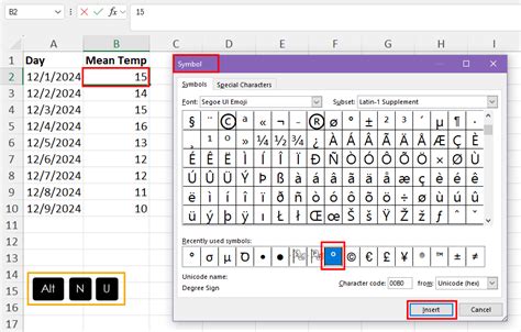 how to do degree symbol in excel
