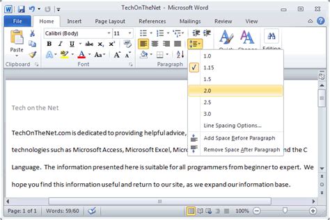 how to do double spaced text in word