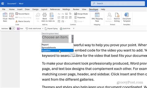 how to do drop down in word document