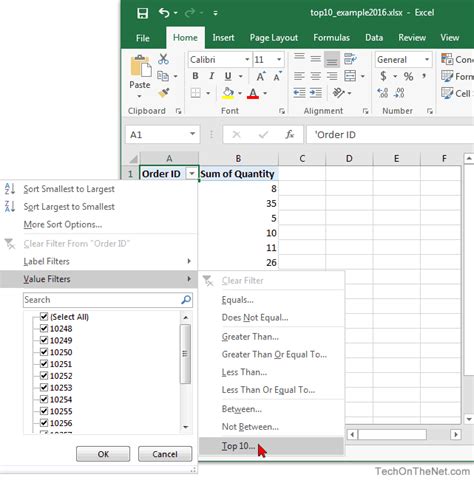 how to do top 10 in excel pivot table