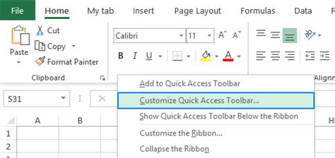 how to enable customize quick access toolbar in excel