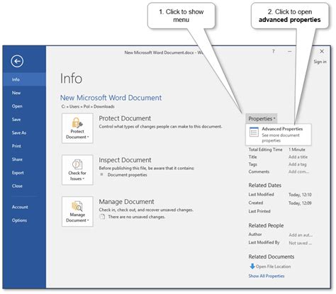 how to enter document properties in word