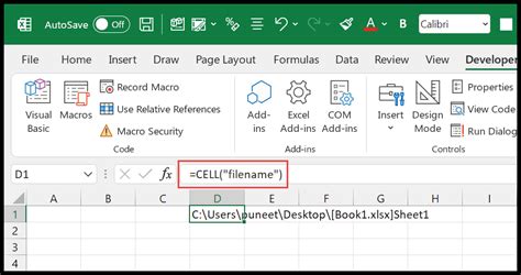 how to enter file name code in excel