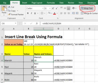 how to enter line break in excel cell mac