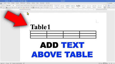 how to enter text above table in word