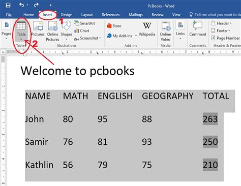 how to enter text in table in word