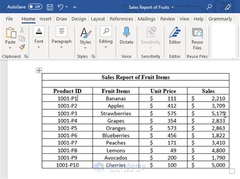 how to export excel to table in word
