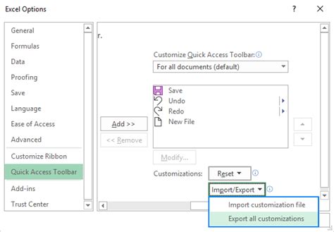 how to export quick access toolbar excel