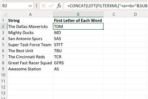 how to extract first letter of each word from cell in excel formula